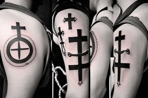 Mountains and clouds shaded and faded with 3 crosses at the top with chains going around the arm tattoo idea