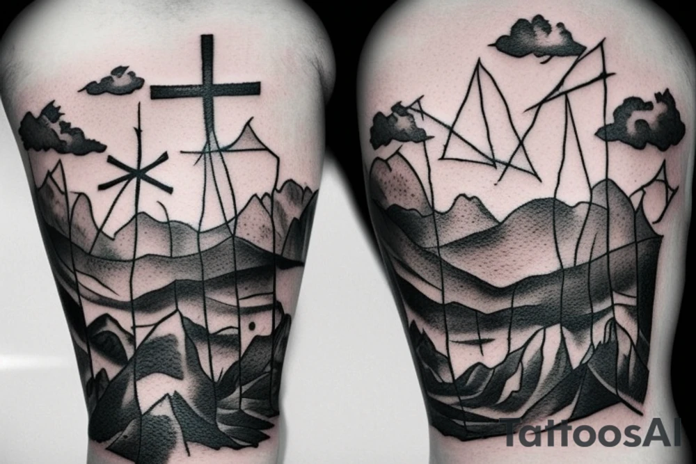 Mountains and clouds shaded and faded with 3 crosses at the top with chains going around the arm tattoo idea