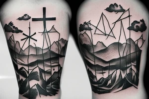 Mountains and clouds shaded and faded with 3 crosses at the top with chains going around the arm tattoo idea