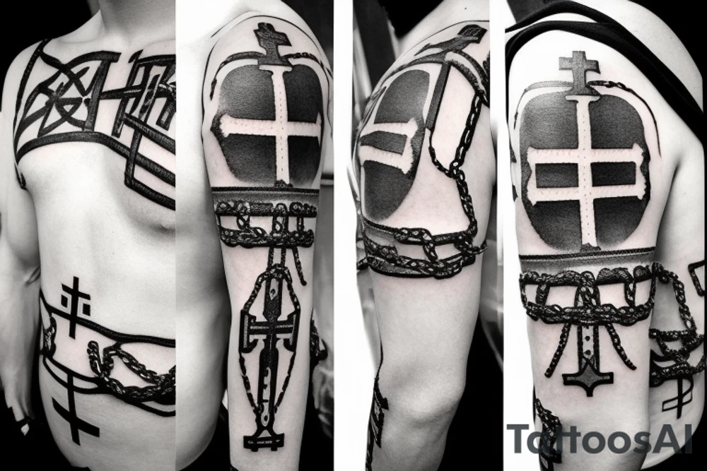 Mountains and clouds shaded and faded with 3 crosses at the top with chains going around the arm tattoo idea