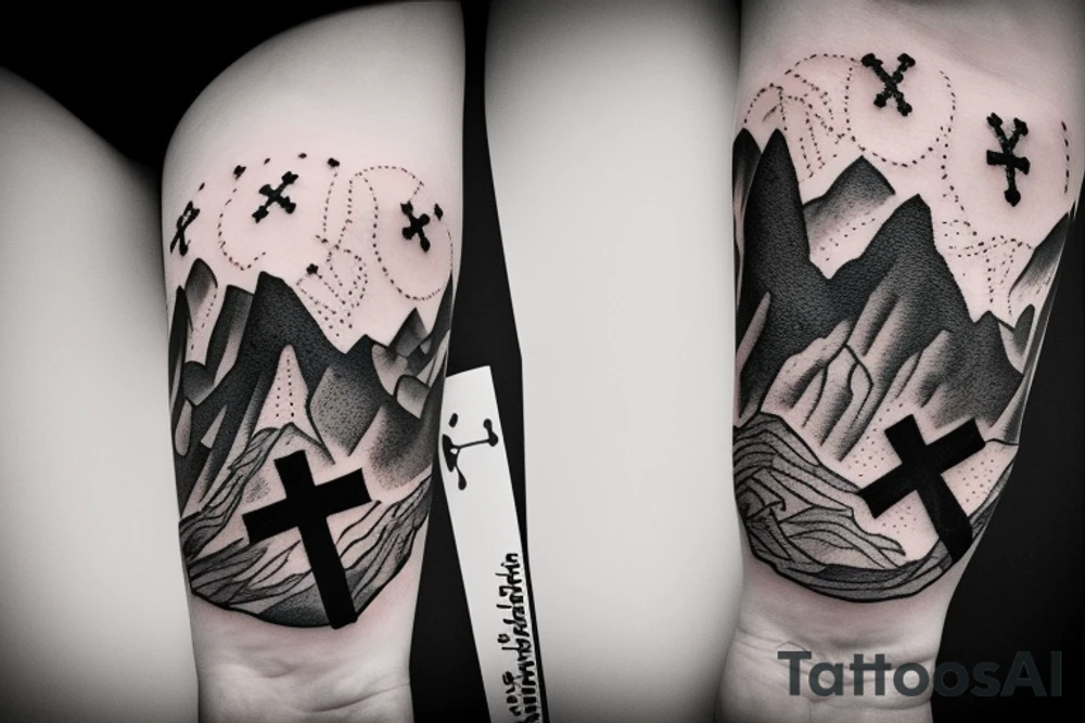 Mountains and clouds shaded and faded with 3 crosses at the top with chains going around the arm tattoo idea