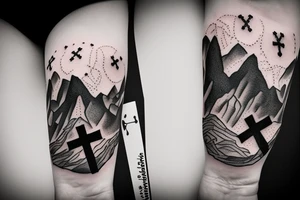 Mountains and clouds shaded and faded with 3 crosses at the top with chains going around the arm tattoo idea