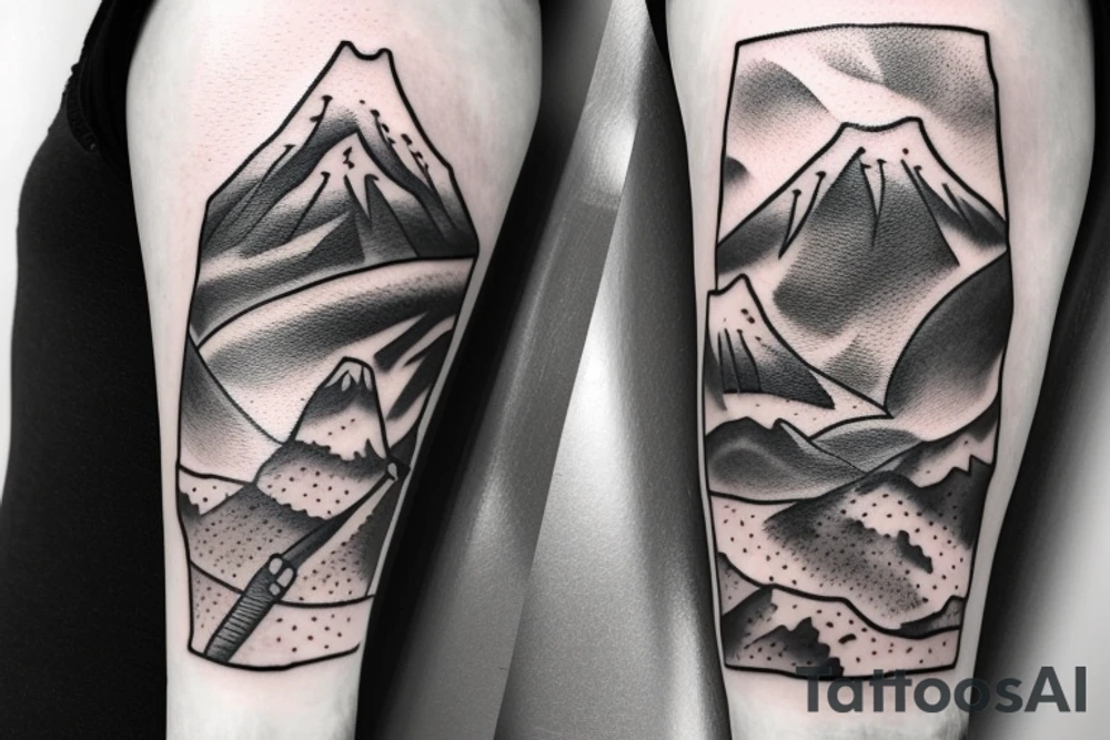 Mountains and clouds shaded and faded with 3 crosses at the top with chains going around the arm tattoo idea