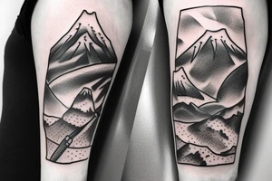 Mountains and clouds shaded and faded with 3 crosses at the top with chains going around the arm tattoo idea