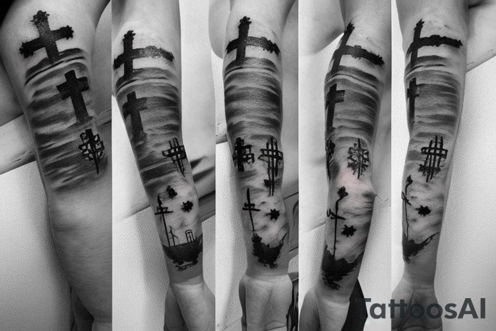 Mountains and clouds shaded and faded with 3 crosses at the top with chains going around the arm tattoo idea