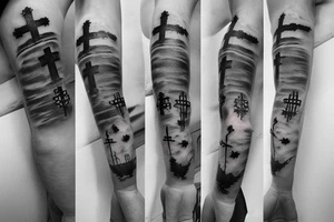 Mountains and clouds shaded and faded with 3 crosses at the top with chains going around the arm tattoo idea