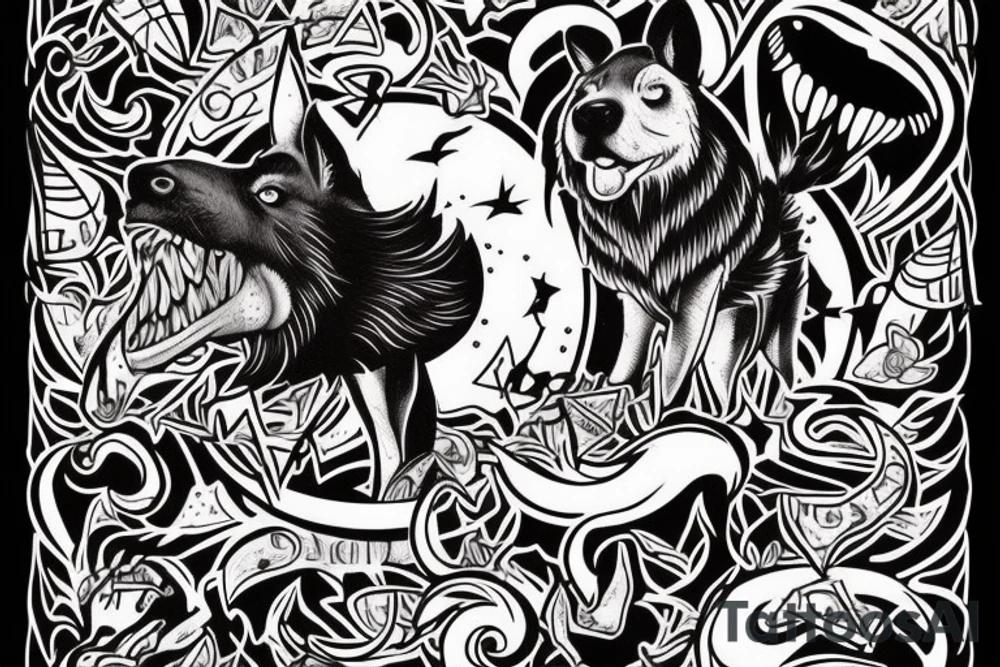 Um lobo que representa o caçador e uma ovelha que representa a caça tattoo idea