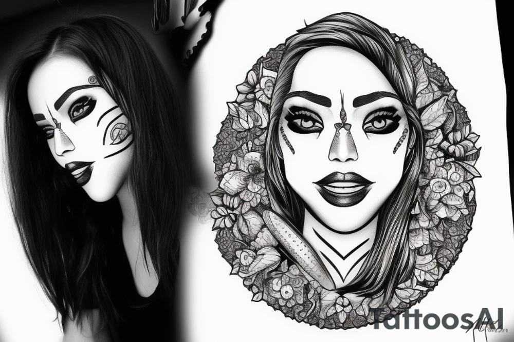 Pretty female face 28th knife between teeth tattoo idea