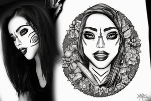 Pretty female face 28th knife between teeth tattoo idea