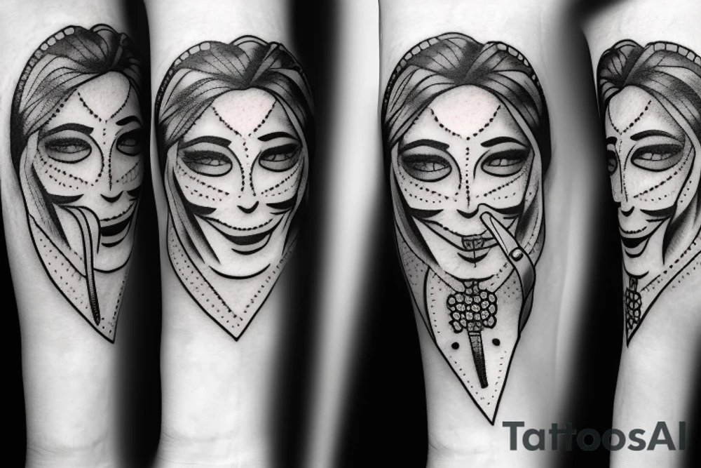 Pretty female face with knife between teeth tattoo idea