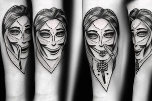Pretty female face with knife between teeth tattoo idea