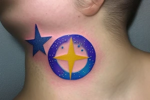 2-3cm on the neck, main theme is star with additional element of water, blue and purple with trace of warm color like yellow and pink, simple. Represents hope, spark. tattoo idea