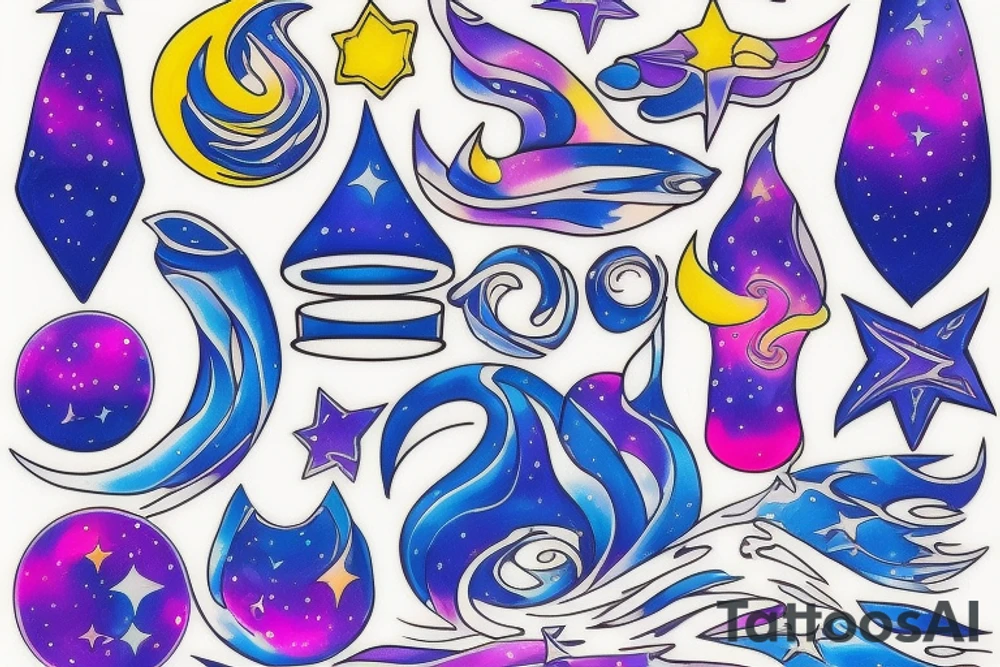 Small on the neck, main theme is star with additional element of water, blue and purple with trace of warm color like yellow and pink, simple. Represents hope, spark. Condensed tattoo idea