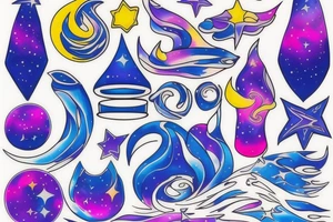 Small on the neck, main theme is star with additional element of water, blue and purple with trace of warm color like yellow and pink, simple. Represents hope, spark. Condensed tattoo idea