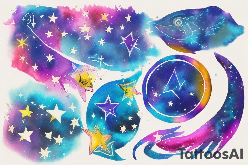Small on the neck, main theme is star with additional element of water, blue and purple with trace of warm color like yellow and pink, simple. Represents hope, spark. Condensed tattoo idea