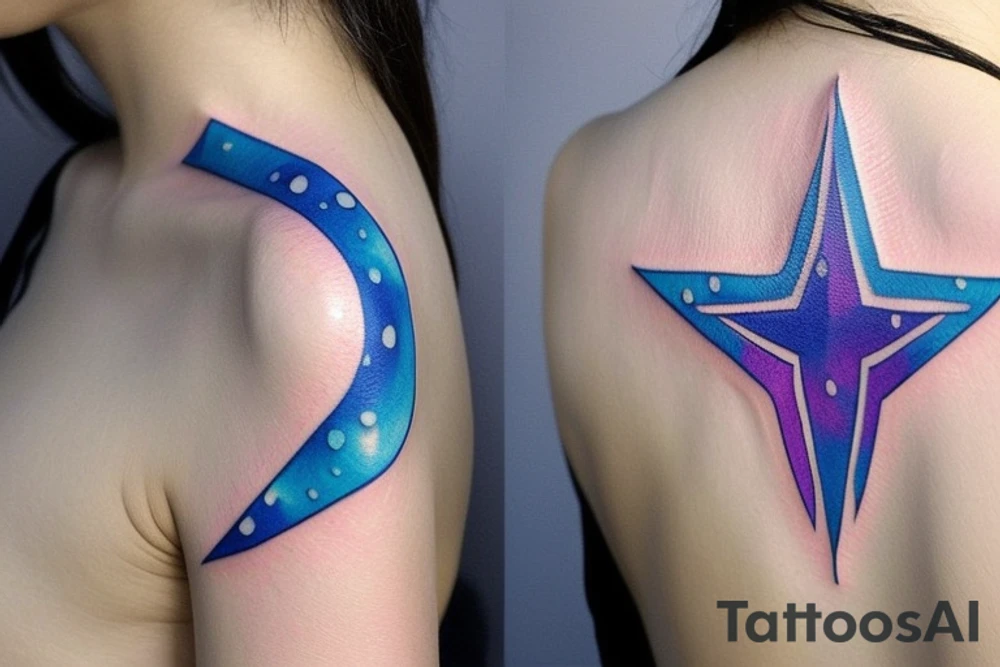 Small on the neck, main theme is thin, four point elongated star with additional element of water, blue and purple with trace of warm color like yellow and pink, simple. Represents hope, spark. Condensed tattoo idea