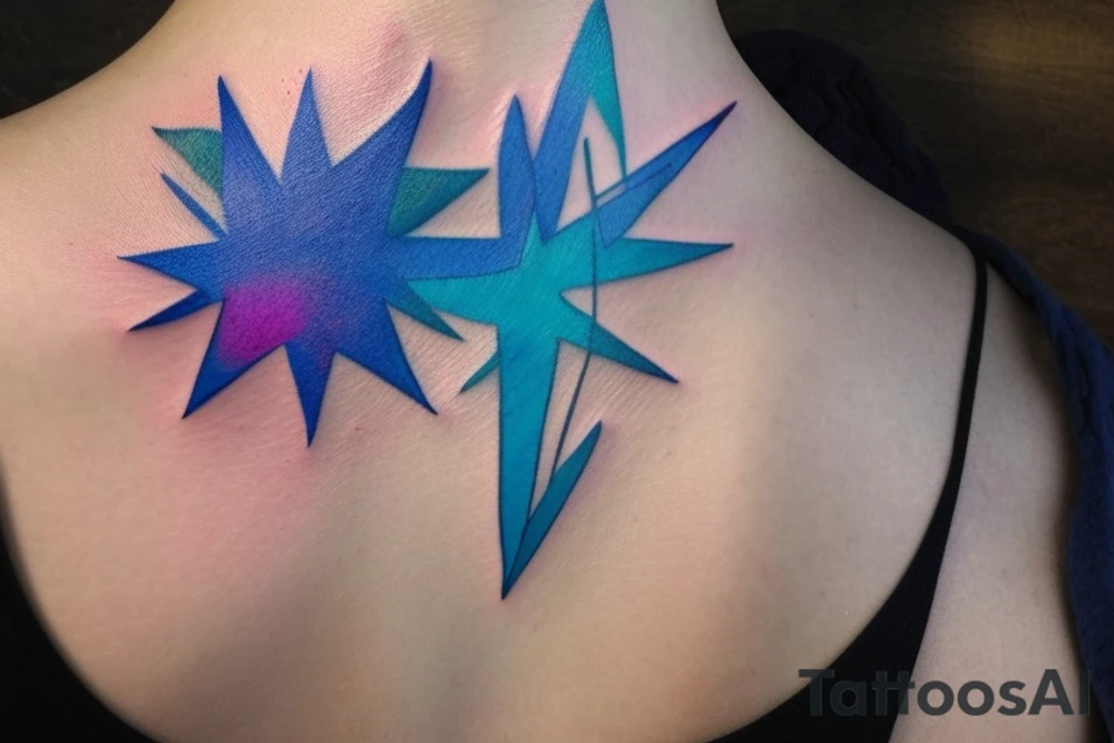 Small on the neck, main theme is thin, four point elongated star with additional element of water, blue and purple with trace of warm color like yellow and pink, simple. Represents hope, spark. Condensed tattoo idea