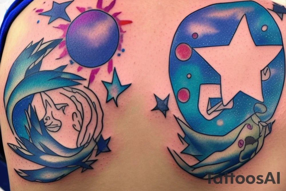 Small on the neck, main theme is thin, four point elongated star with additional element of water, blue and purple with trace of warm color like yellow and pink, simple. Represents hope, spark. Condensed, howl’s moving castle tattoo idea