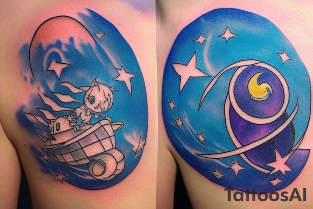 Small on the neck, main theme is thin, four point elongated star with additional element of water, blue and purple with trace of warm color like yellow and pink, simple. Represents hope, spark. Condensed, howl’s moving castle tattoo idea