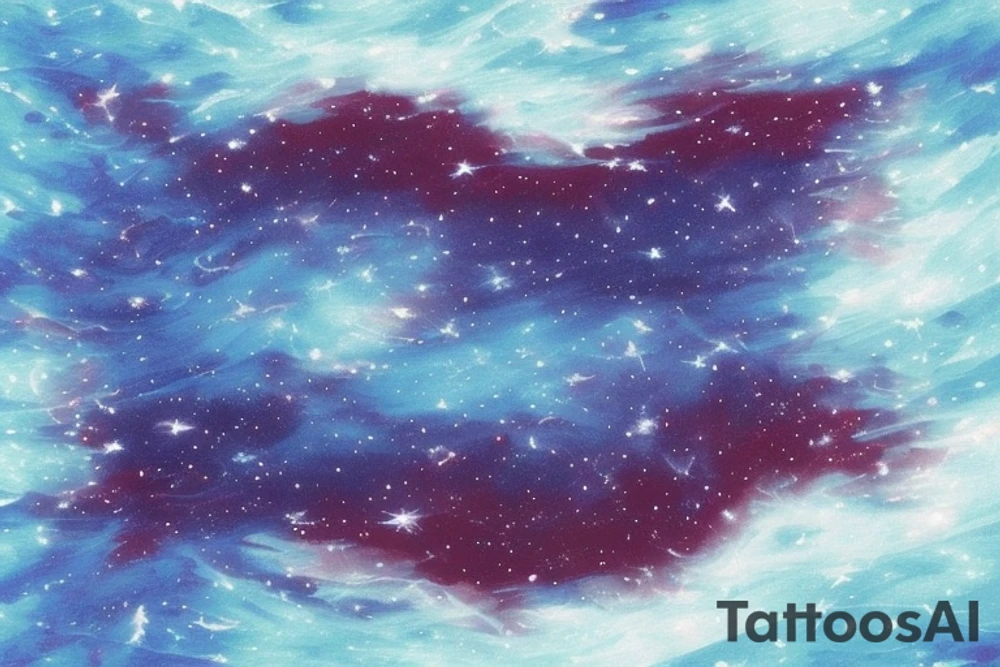 a beautiful and mysterious deep sea scene with dark blue waves and splashes of deep reddish purple. In the center of the design is a large star, surrounded by smaller stars and dots that twinkle and shimmer like constellations in the night sky.

The star is designed with deep reddish purple shading in the center, blending out into a brighter blue color on the edges. The shading gives the star a sense of depth and dimension, making it appear almost three-dimensional.

Around the star and throughout the design, there are small bubbles and accents of lighter blue color that add to the water-like effect. The bubbles also help to give the design a sense of movement and flow, as if the scene is alive and constantly changing. tattoo idea