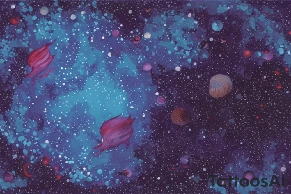 a beautiful and mysterious deep sea scene with dark blue waves and splashes of deep reddish purple. In the center of the design is a large star, surrounded by smaller stars and dots that twinkle and shimmer like constellations in the night sky.

The star is designed with deep reddish purple shading in the center, blending out into a brighter blue color on the edges. The shading gives the star a sense of depth and dimension, making it appear almost three-dimensional.

Around the star and throughout the design, there are small bubbles and accents of lighter blue color that add to the water-like effect. The bubbles also help to give the design a sense of movement and flow, as if the scene is alive and constantly changing. tattoo idea