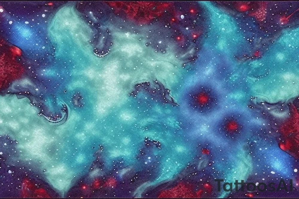a beautiful and mysterious deep sea scene with dark blue waves and splashes of deep reddish purple. In the center of the design is a large star, surrounded by smaller stars and dots that twinkle and shimmer like constellations in the night sky.

The star is designed with deep reddish purple shading in the center, blending out into a brighter blue color on the edges. The shading gives the star a sense of depth and dimension, making it appear almost three-dimensional.

Around the star and throughout the design, there are small bubbles and accents of lighter blue color that add to the water-like effect. The bubbles also help to give the design a sense of movement and flow, as if the scene is alive and constantly changing. tattoo idea