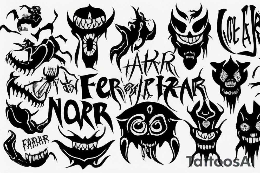 Text "Nofear" and demon behind tattoo idea