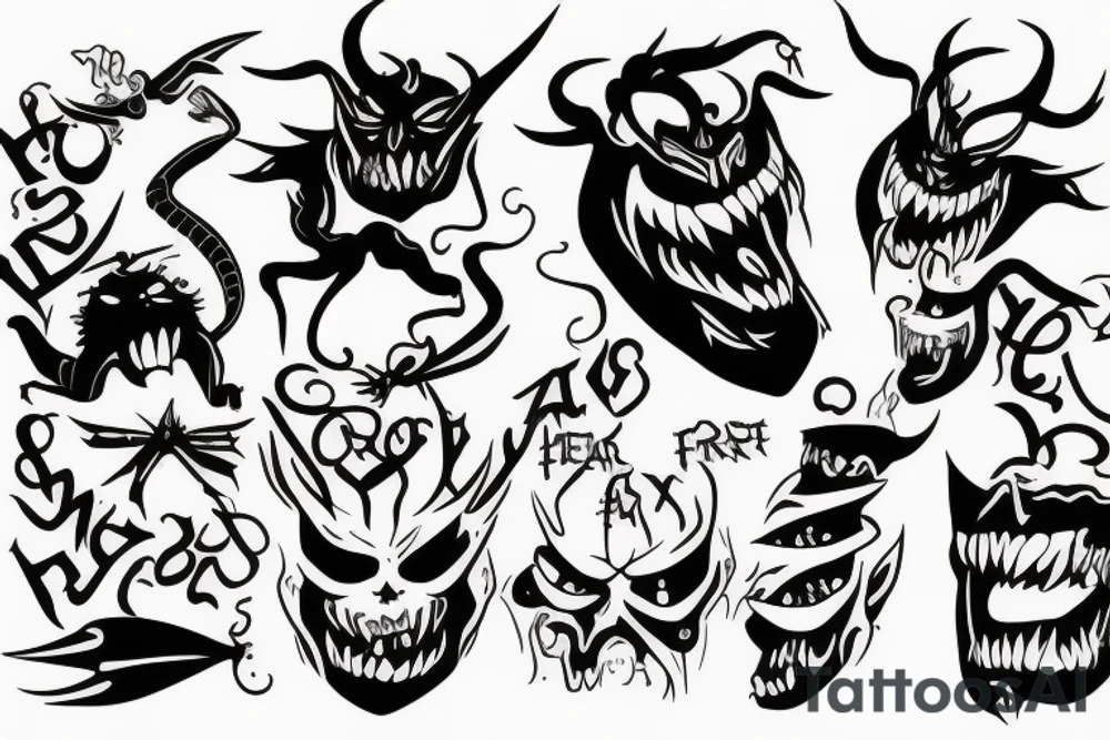 Text "Nofear" and demon behind tattoo idea