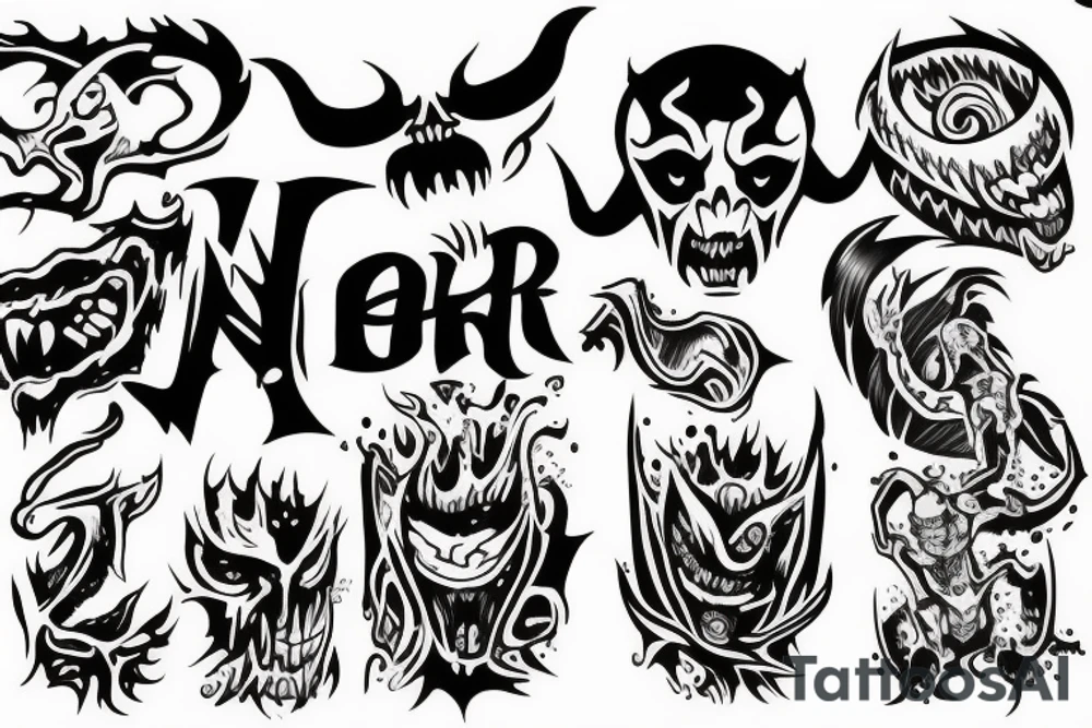 Text "Nofear" and demon behind tattoo idea
