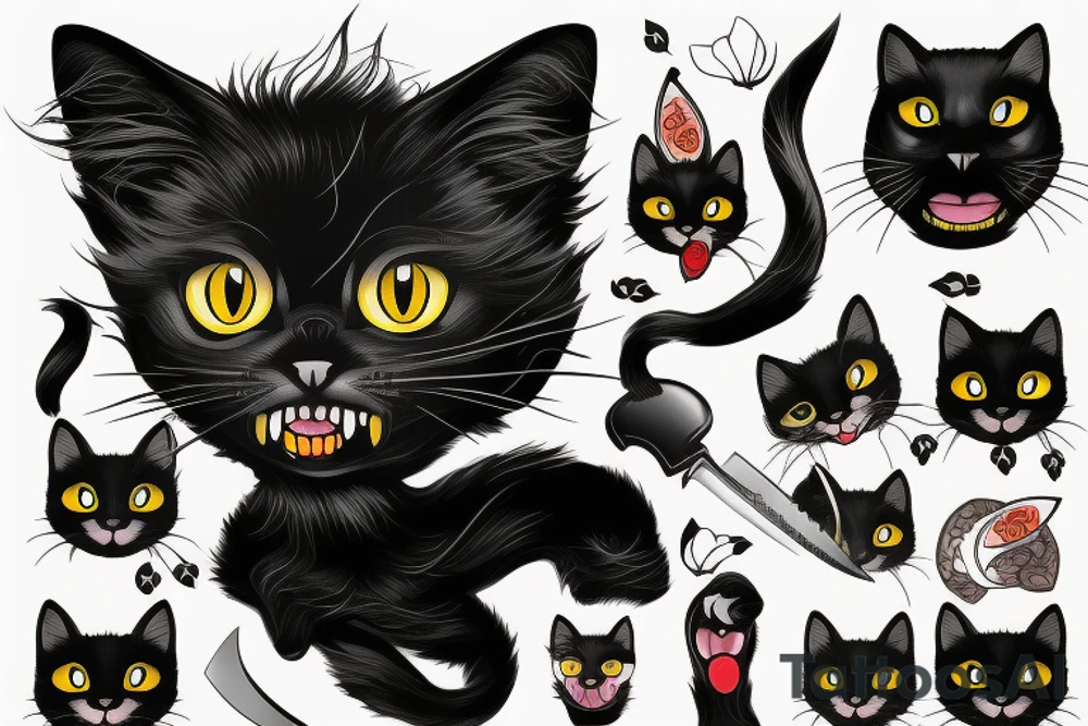 Black cat with knife in mouth tattoo idea