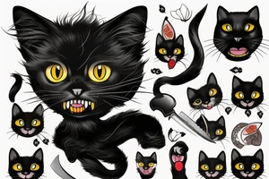 Black cat with knife in mouth tattoo idea