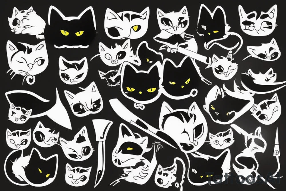 Black cat with knife in mouth tattoo idea