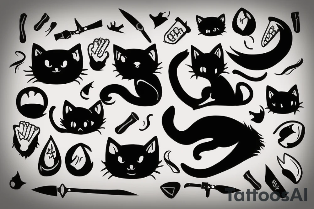 Black cat with knife in mouth tattoo idea