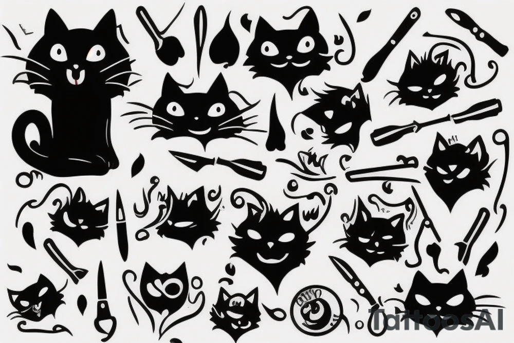 Black cat with knife in it’s mouth tattoo idea