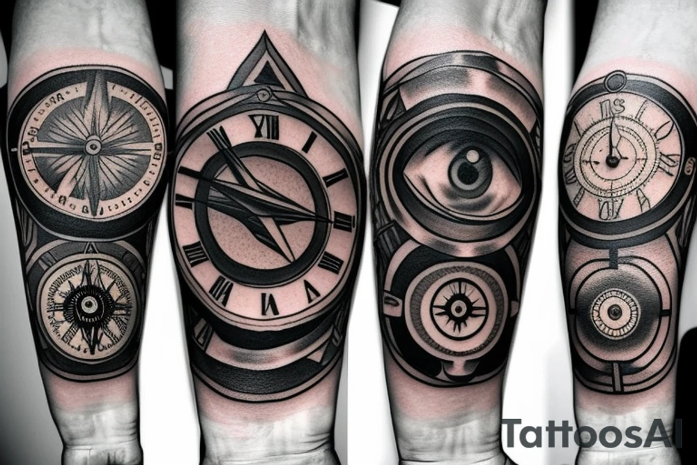 Clock, compass and illuminati eye on my left arm tattoo idea