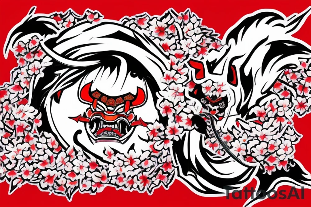 hannya surrounded by falling cherry blossoms with background of smoke samurai killing oni with katana in foreground tattoo idea