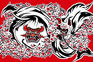 hannya surrounded by falling cherry blossoms with background of smoke samurai killing oni with katana in foreground tattoo idea