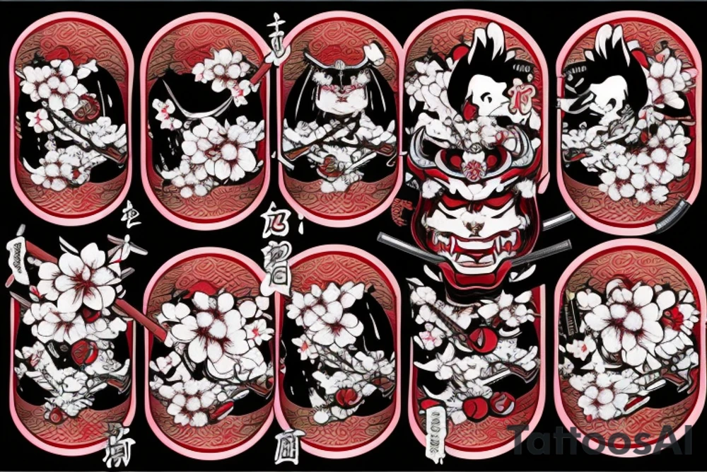 hannya surrounded by falling cherry blossoms with background of smoke samurai killing oni with katana in foreground tattoo idea