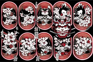 hannya surrounded by falling cherry blossoms with background of smoke samurai killing oni with katana in foreground tattoo idea