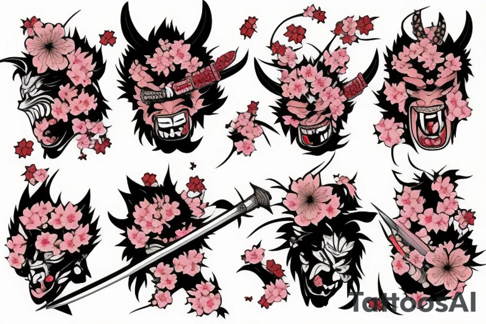 samurai killing oni with cherry blossoms falling tattoo idea