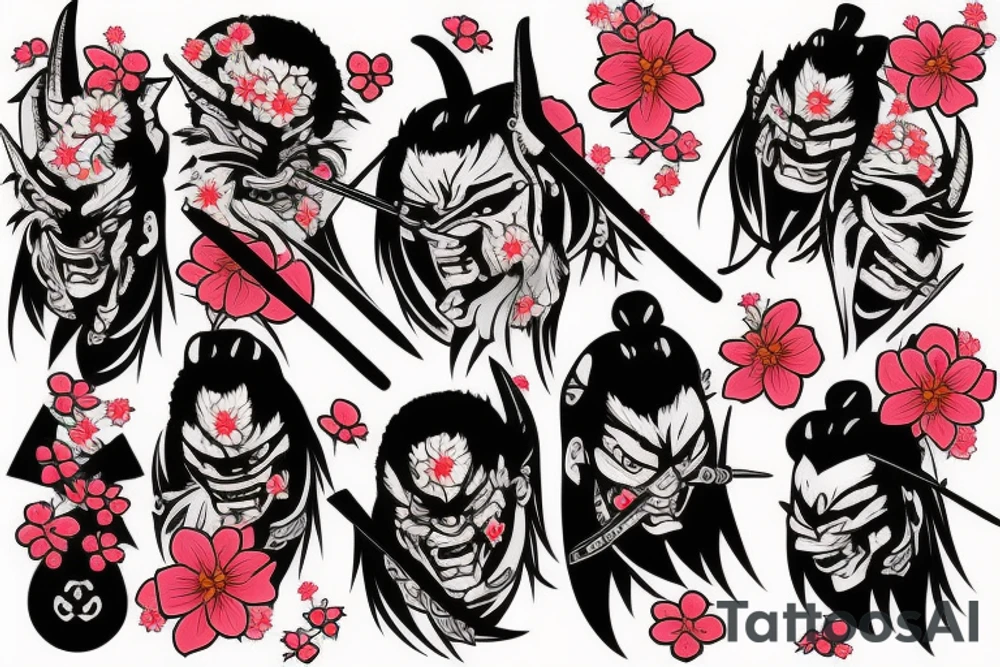 samurai killing oni with cherry blossoms falling tattoo idea