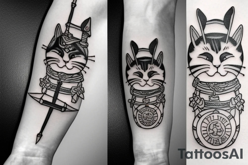 cat with samurai armor and sword tattoo idea