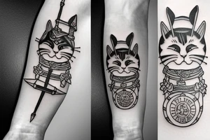 cat with samurai armor and sword tattoo idea