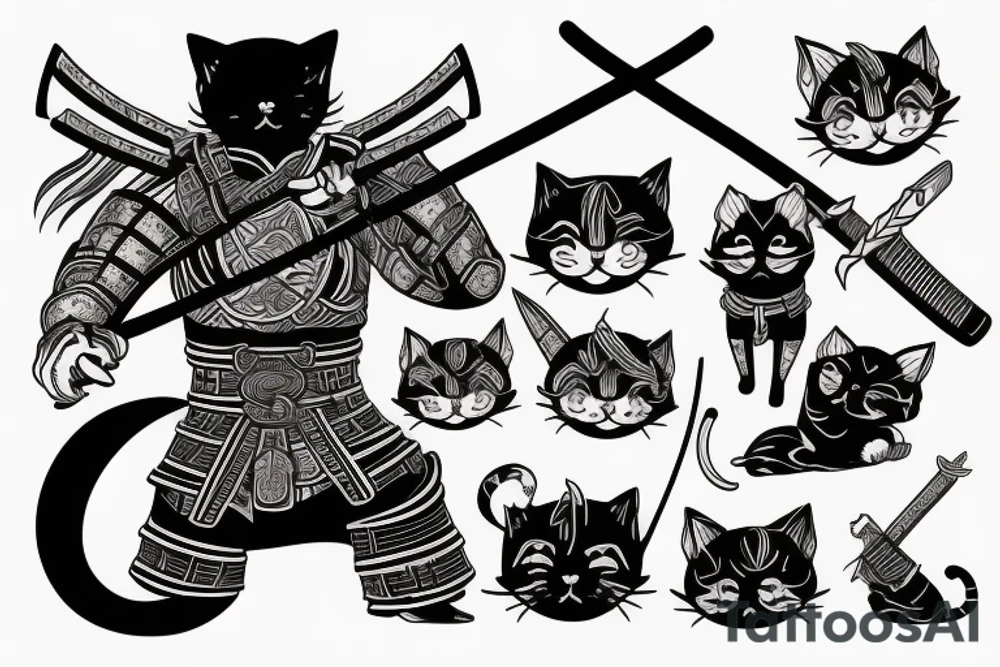cat with samurai armor and sword tattoo idea