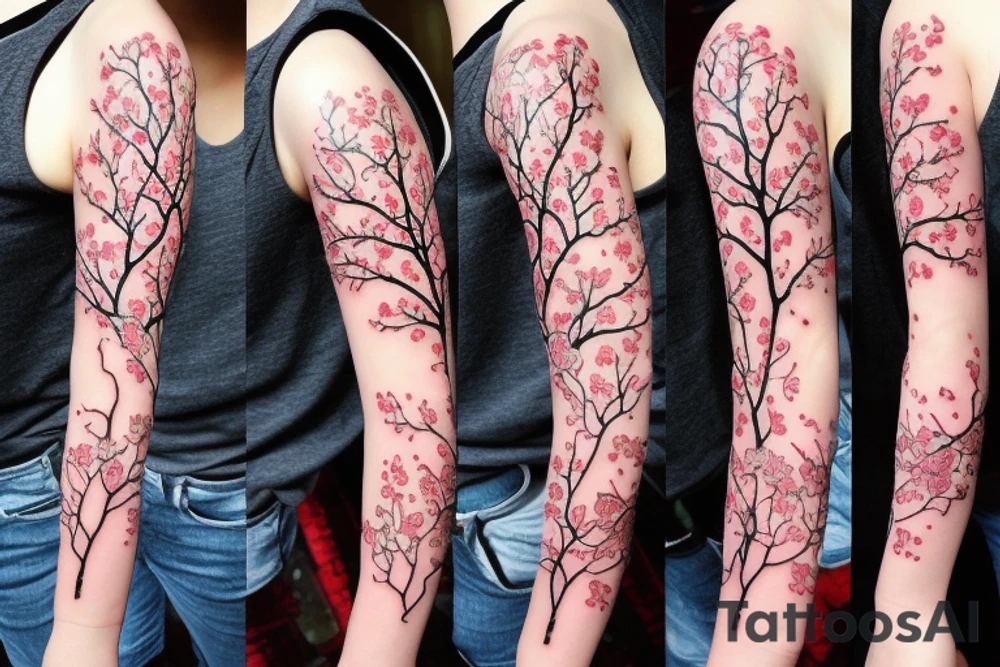 Cherry tree blossom detailed sleeve tattoo idea