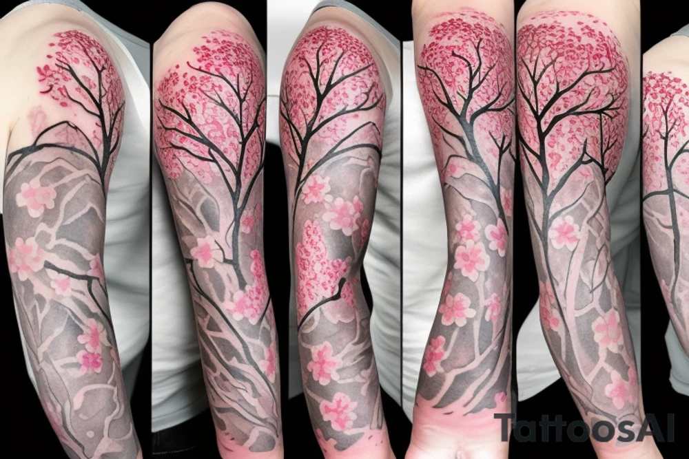 High fidelity cherry blossom tree sleeve tattoo in a foggy background tattoo idea