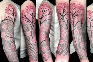 High fidelity cherry blossom tree sleeve tattoo in a foggy background tattoo idea