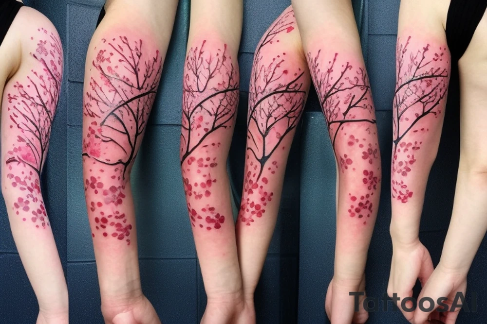 High fidelity cherry blossom tree sleeve tattoo in a foggy background tattoo idea