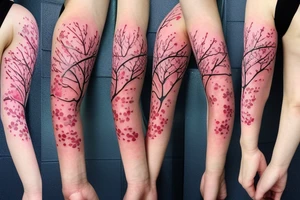 High fidelity cherry blossom tree sleeve tattoo in a foggy background tattoo idea