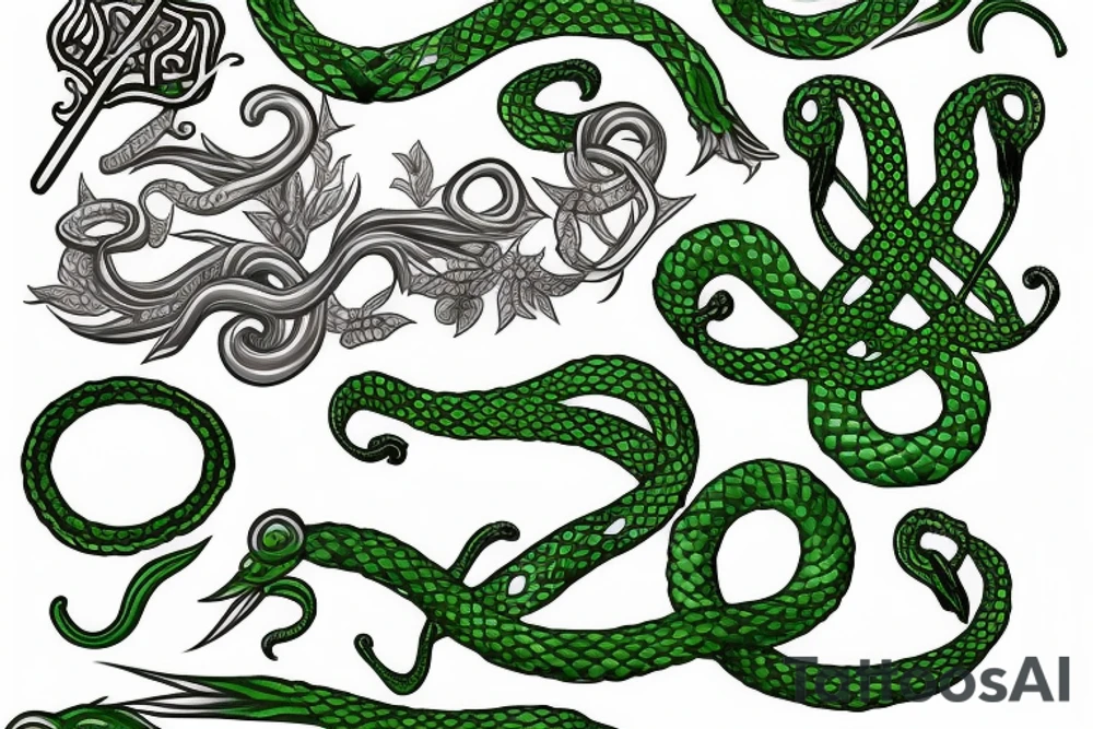 Caduceus with green snakes tattoo idea